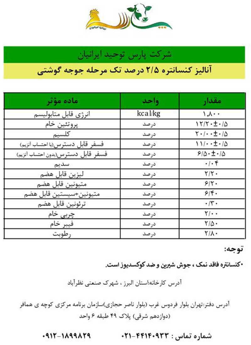 کنسانتره ۲.۵ درصد مرغ گوشتی تک مرحله ای